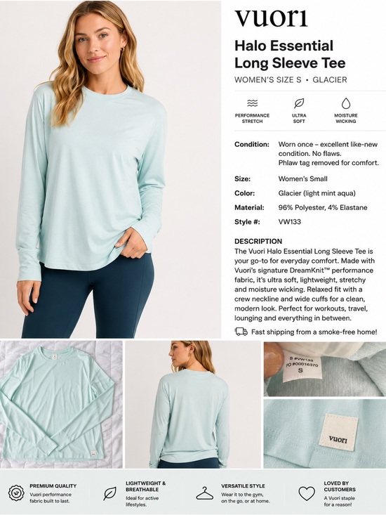 Vuori Tops - Vuori Halo Essential Long Sleeve Tee Glacier Mint DreamKnit Women’s Small